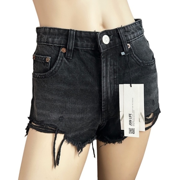 Zara Factory Distressed Shorts 5-Pocket Denim Dungaree Black High-Rise Branded - Picture 5 of 12